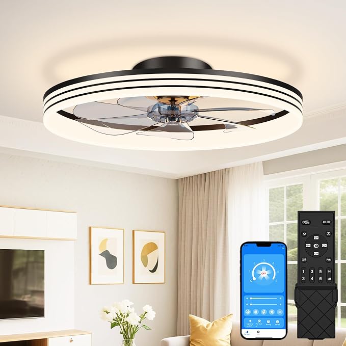VOLISUN Low Profile Ceiling Fans with Lights and Remote, 24in Flush Mount Ceiling Fan with Light, 3000K-6500K Dimmable Fandelier LED Fan Light, Black Bladeless Ceiling Fans with Lights for Bedroom
