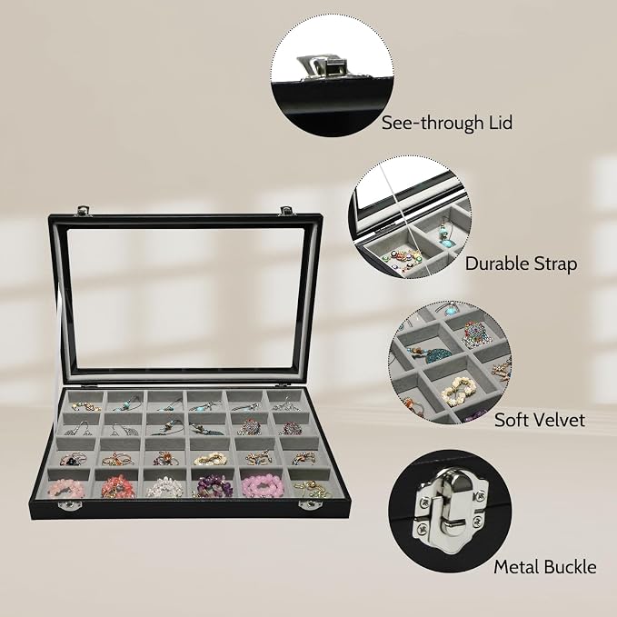 Stratalife 24 Grid Earring Organizer, Jewelry Holder Organizer with Lid | PU Leather Storage Box for Earring, Ring, Studs and Trinkets, Soft Velvet Drawer Organizer for Women, Dustproof, Gray Black