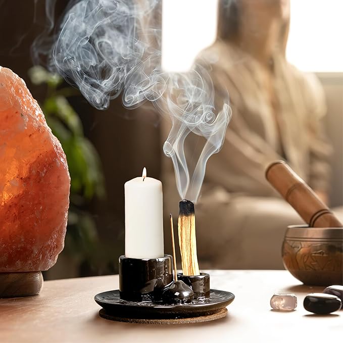 4 in 1 Incense Burner Holder, Palo Santo Sticks Holder, Ceramic Incense Holder Dish, Palo Santo Burner Chimney, Sage Bundle Smudge Bowl(Black)