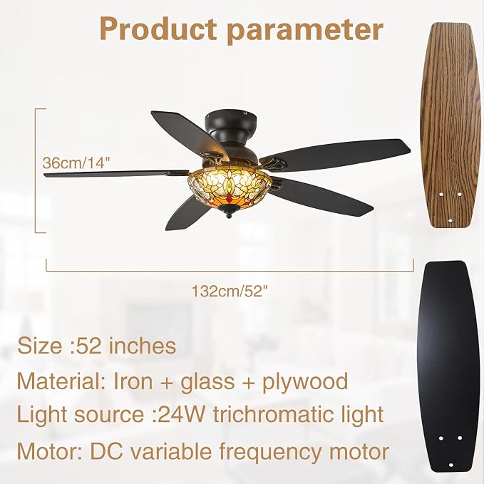 Ceiling Fans with Lights - 52" Ceiling Fan Chandelier with 5 Dual-Blades and Glass Shade, 6 Speeds and Reversible, Indoor and Outdoor, Retro Style