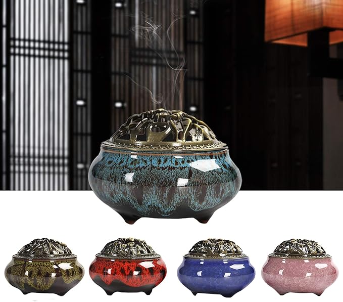 Ceramic Incense Burner with Calabash Incense Holder, 3 in 1 Stick or Cone Coil Incense Burner, Brass Lid for Yoga Spa Meditation