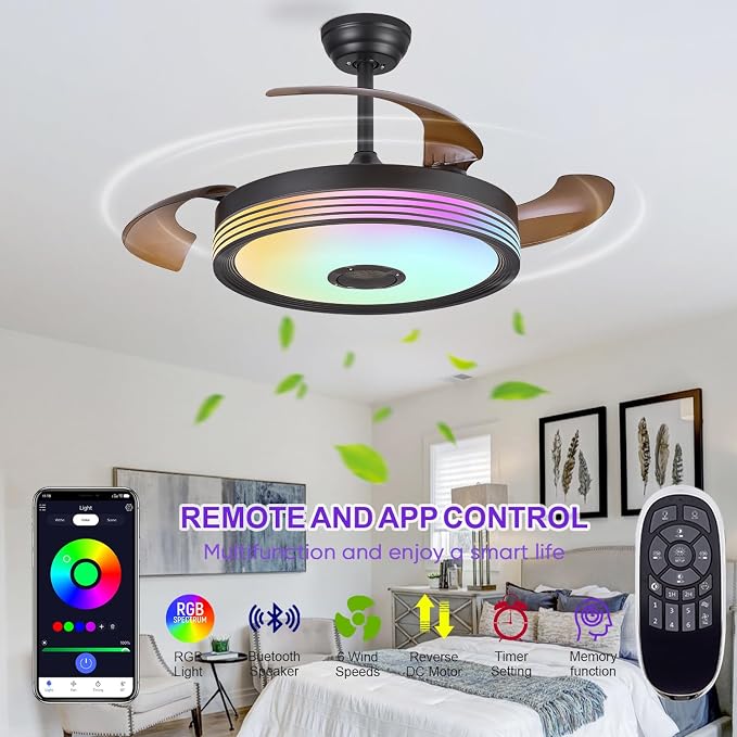 FIDGRA 48'' Retractable Ceiling Fan with Light, Bluetooth Modern Ceiling Fans with Speaker, RGB LED Lights, 6 Speeds, Reversible Motor for Bedroom, Living Room, Party-Black