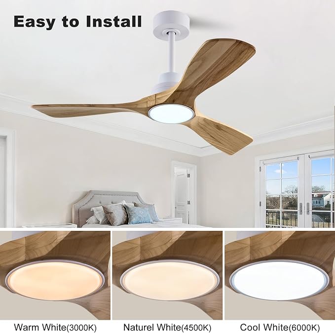 QUTWOB 42" Wood Ceiling Fan with Light, Reversible DC Motor, Remote Control | solid wood blades, quiet 6-speed reversible dc inverter motor, remote control, 3-color led, for indoor outdoor patio bedroom
