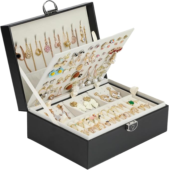 BOOVO Large Jewelry Boxes For Women (Black, 4 layer) | 4 Layers Jewelry Organizer Box With Cosmetic Storage Drawer, Necklace Ring Jewelry Organizer Box