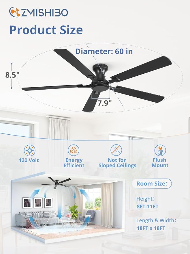 ZMISHIBO 60 Inch Ceiling Fan No Light, Flush Mount Low Profile, Modern Black Ceiling Fan Without Light, Remote Control & Quiet DC Motor, for Indoor&Outdoor, Bedroom, Living Room