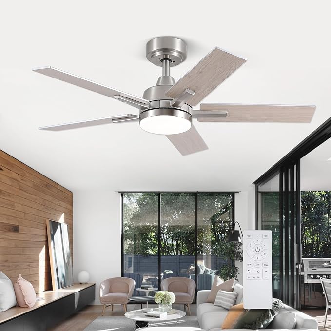 42 Inch Brushed Nickel Ceiling Fans with Lights and Remote, Reversible, 3CCT, Dimmable, Noiseless, Downrod, Small Ceiling Fan for Bedroom, Indoor/Outdoor Use