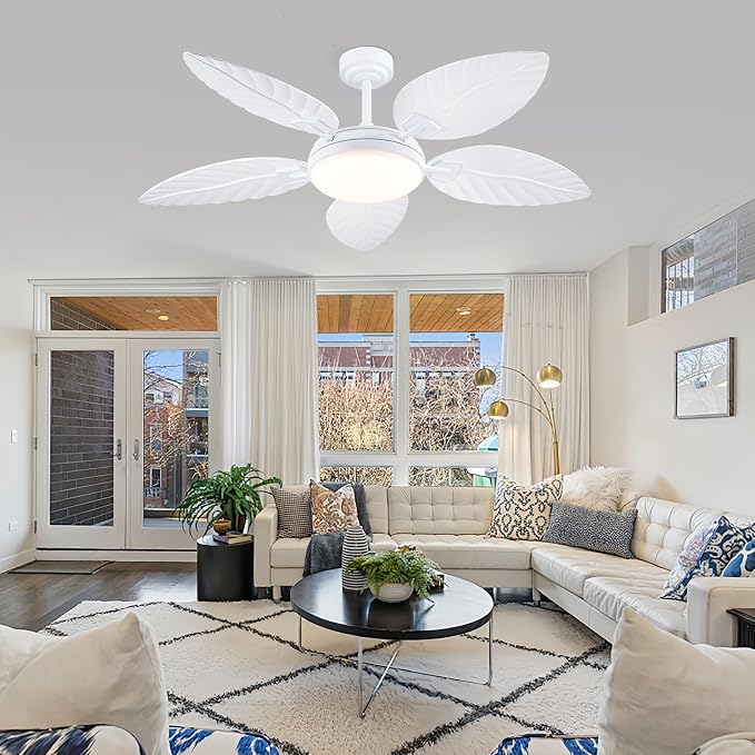 PHORUS 52" White Tropical Outdoor Palm Leaf Ceiling Fans with Lights Remote | Supports Remote and APP, 6 Wind Speeds, Reversible, Dimmable 3CCT LED, 50W Quiet DC Motor,Suits for Living Room Bedroom Patio