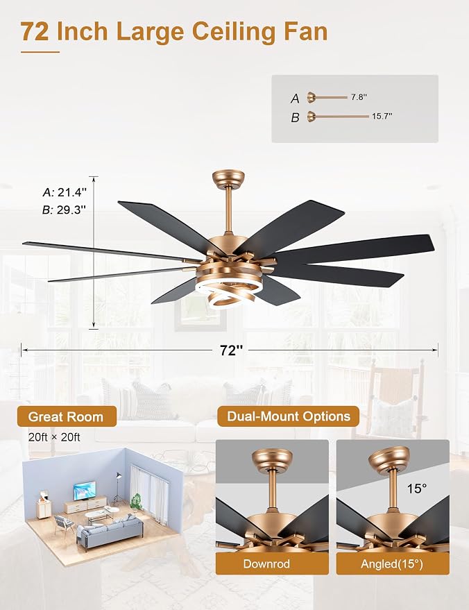 72 Inch Large Gold Modern Ceiling Fans with Lights | Remote, 6-speed reversible DC motor, dimmable, 3 adj rings; suitable for indoor/outdoor use, living room & kitchen.