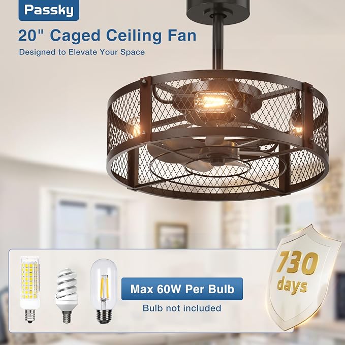 Passky 20 Inch Farmhouse Caged Ceiling Fans with Lights and Remote, Black Downrod Mount Bladeless Fandelier, 6 Speeds Bladeless Ceiling Fan Light for Bedroom, Kitchen, Living Room, Indoor