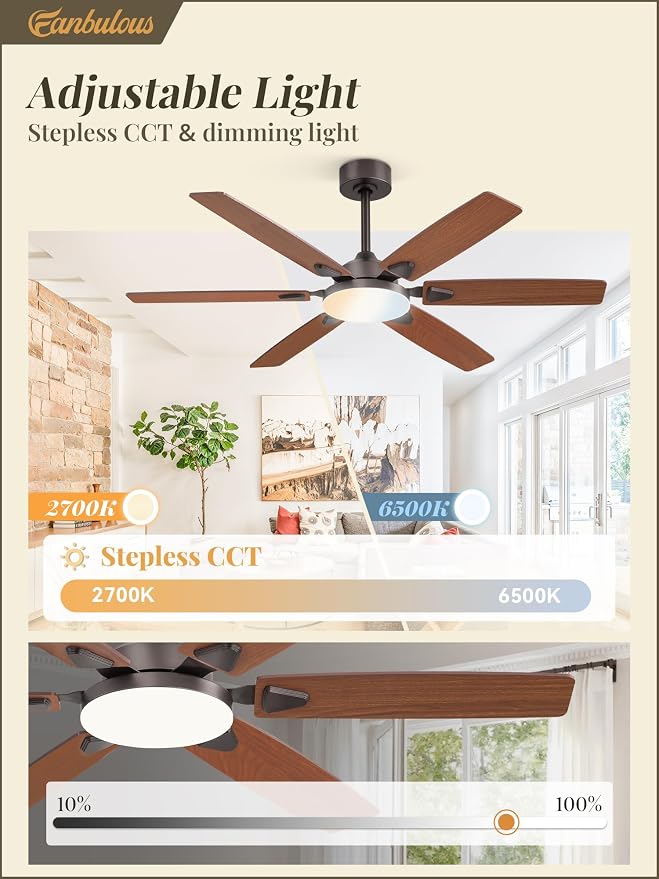 Fanbulous 52 Inch Ceiling Fans with Lights, Indoor/Outdoor Modern Ceiling Fan with Reversible Blade And 2 Rods, Quiet DC Motor, 3CCT & 6-Speed Remote Control, Dual Finish Blade for Living Room/Bedroom