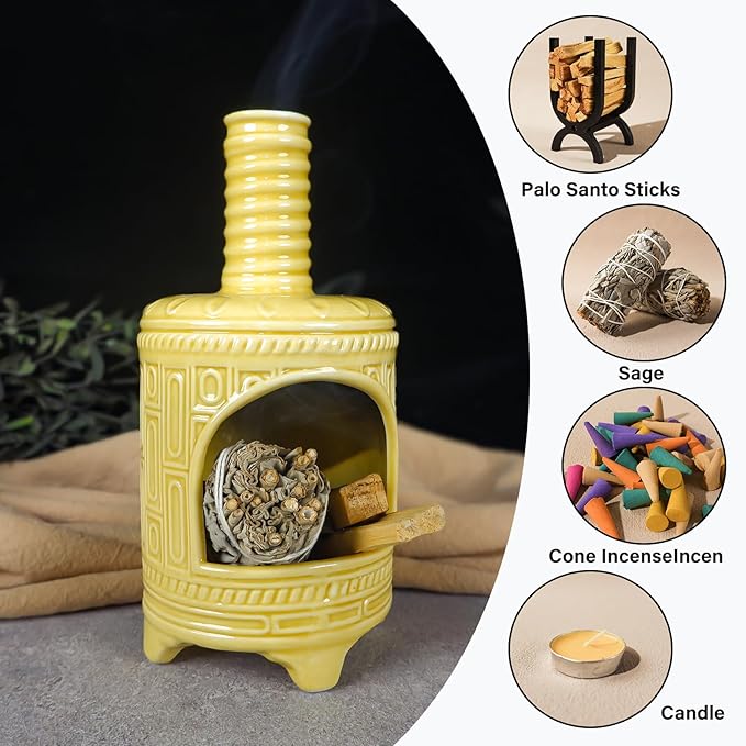 MOUGIGI Yellow Ceramic Palo Santo Burner Holder - Purpose for Palo Santo Sticks, Sage Smudge Sticks & Incense Cones Burning – Ideal for Energy Cleansing, Yoga, Meditation & with Unique Chimney Design