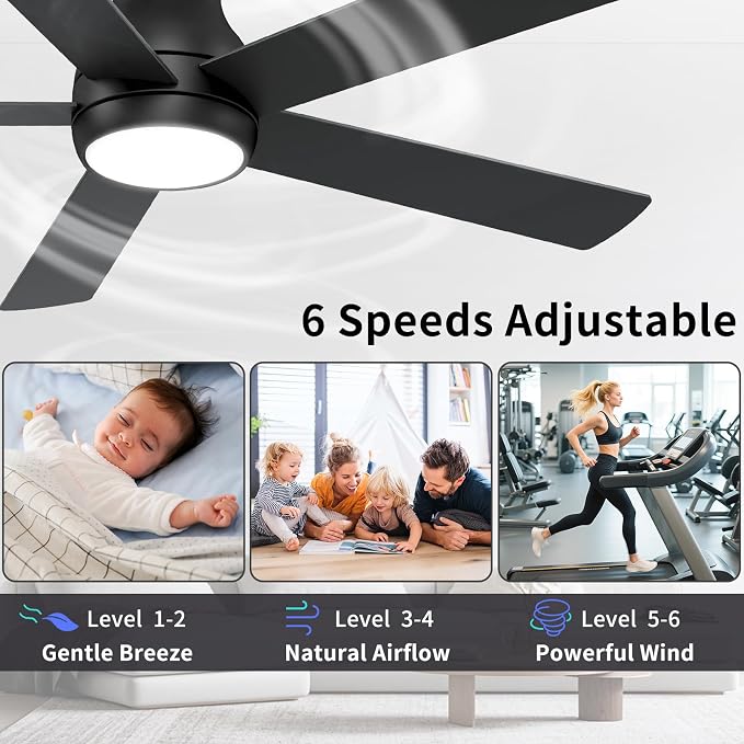 POCHFAN 60 Inch Black Ceiling Fans with Lights and Remote, LED Low Profile Flush Mount Ceiling Fan for Bedroom, Living Room, Quiet DC Motor, Dimmable 6 Speeds