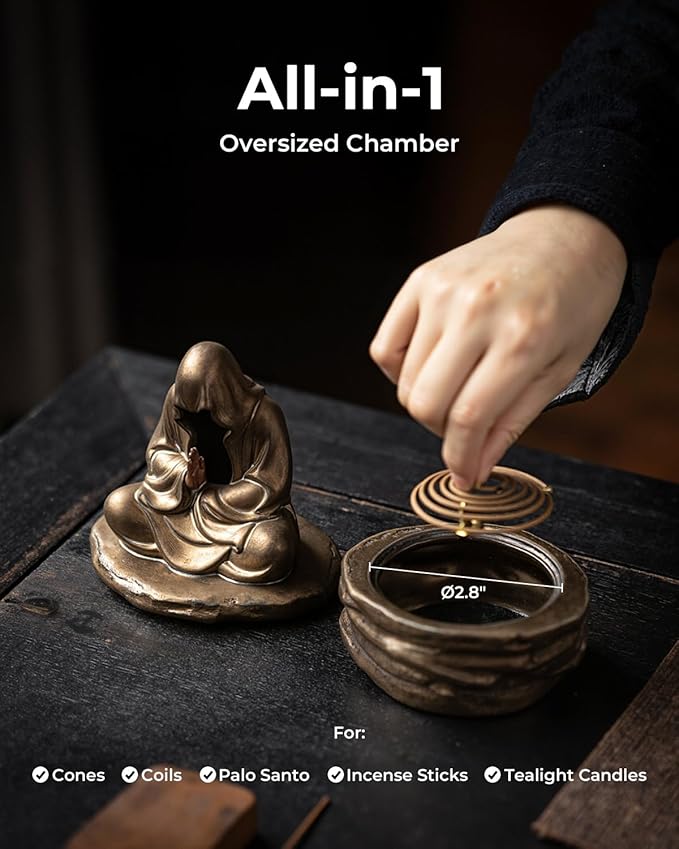 Ceramic Incense Burner for Cone & Coil – Faceless Buddha Statue for Protection, Evil Spirit Cleansing & Zen Meditation, Home Decor to Ward Off Negativity
