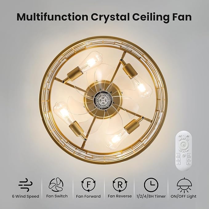 Flush Mount Ceiling Fans Lights: 18.9'' Caged Low Profile Fandelier with Remote/6 Speeds/Timer Gold Crystal Modern Chandelier Fan Light Bedroom Ventilador de Techo for Kitchen Living Dining Room Foyer