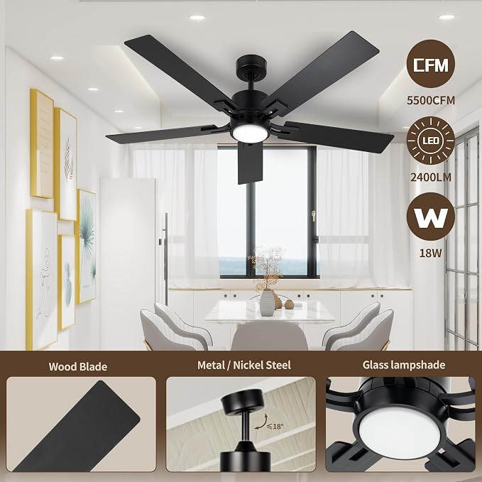 Ceiling Fan with Light for Bedroom: 52 Inch Modern Ceiling Fans with Dimmable Tri-Color Temperature LED - Quiet Reversible DC Motor - Indoor Outdoor Paito Sloped Roof Use (Matte Black)