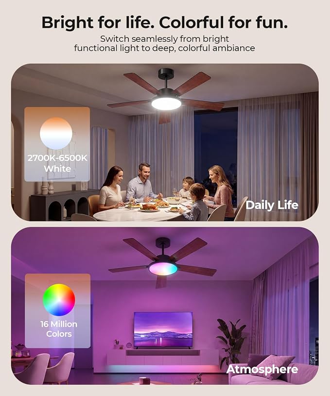 Ceiling Fan with Light, RGBCW Smart 52" Low Profile Ceiling Fan with Light and Remote, Alexa/Google/App Control, Reversible DC Motor, Dimmable, 2500lm, Quiet Fan for Bedroom,Living Room Brown