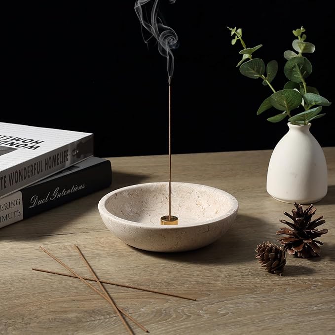 Koville Natural Marble Incense Holder, Incense Holder for Sticks with 9 Holes, Handmade Incense Burner Ash Catcher for Meditation Yoga SPA, Balsam Fir/Palo Santo/Sage/Cone (RoyalBeige)