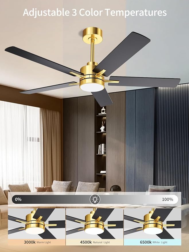 LANMEL 52'' Black and Gold Ceiling Fans with Lights and Remote, 6 Speed Low Profile Modern Ceiling Fan with Quiet DC Motor for Indoor Outdoor Bedroom Living Room