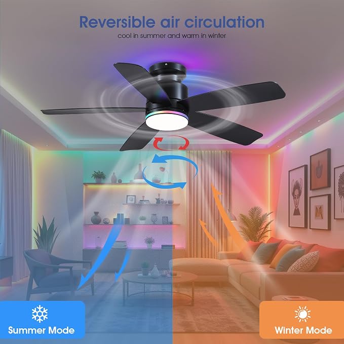 Wiviniya 46 Inch Black Flush Mount Ceiling Fans with Lights, 5 Blades Reversible, 6-Speed 2H Timer, RGB & 3 CCT Dimmable, Remote & APP Control for Bedroom Kidsroom