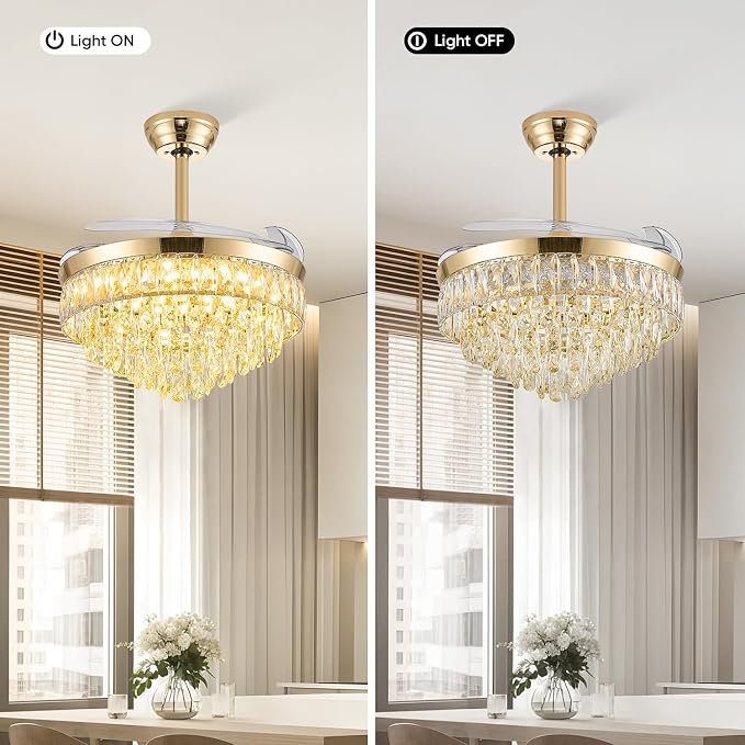 42'' Chandelier Ceiling Fan with Lights, Retractable Fan with Remote and APP, Crystal Fandelier Ceiling Fan, Dimmable LED, Reversible Motor, Quiet for Bedroom Living Room-Gold