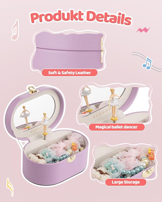 VLANDO Musical Jewelry Box for Girls - Kid Music Box with Ballerina for Birthday Bedroom Decor - Birthday Gift for Girls Ages 4 5 6 7 8-12 Year Old - Purple