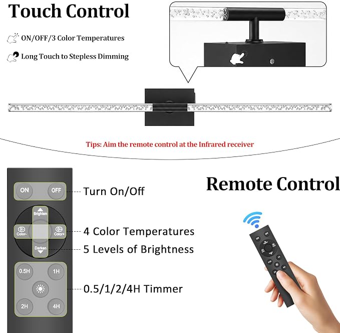 iThird Crystal Bubble Wall Sconces Set of 2: 10000mAh Rechargeable Wireless Lights with Remote & 360° Rotate, 4 Color Temps Dimmable, 31.5" Wall Lamp for Bedroom Living Room Mirror, Black