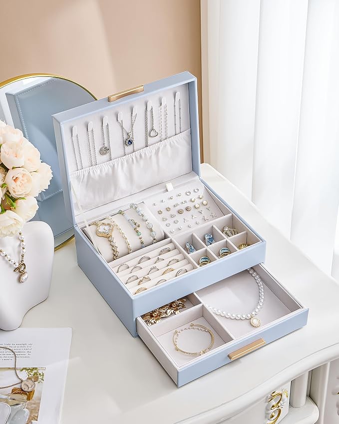 Lolalet 2-Layer Jewelry Box Organizer Holder for Women Girls Mom -Blue | Jewelry Storage Case with Drawers for Necklaces Ring Earrings Bracelet Watch, Gifts Choice for Mom Mother’s Day