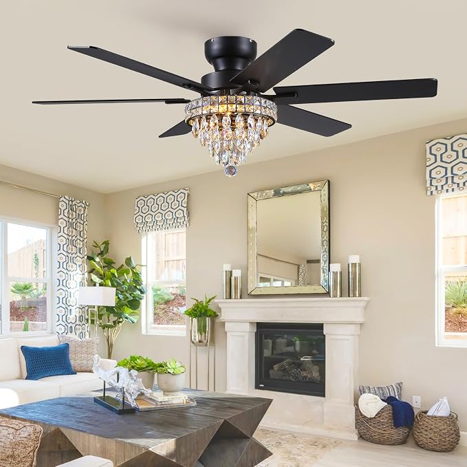 Asyko 52" Low Profile Crystal Ceiling Fans with LED Lights and Remote/APP | Supports Remote and APP,Reversible 6 Wind Speeds,30W Quiet DC Motor,6 Wood Blades,Dimmable 30W LED,Suits for Bedroom Kitchen