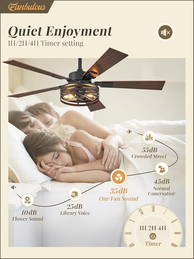 Fanbulous Farmhouse Caged Ceiling Fans with Lights and Remote, 48 Inch Black Bedroom Ceiling Fans for Living Room Kitchen，6 Speed Reversible Quiet DC Motor, Dual Finish 5 Blades
