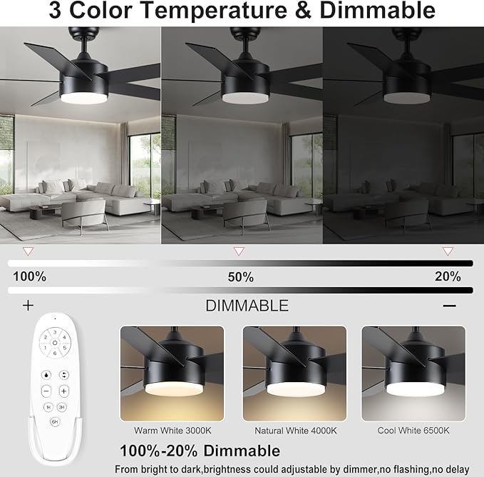 POCHFAN 52 inch Black Ceiling Fans with Lights and Remote Control, Noiseless Modern Ceiling Fan for Bedroom, Living Room, Dining Room, Dimmable 3CCT 6-Speed ETL Listed