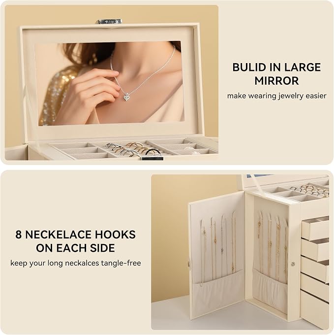 Frebeauty 6-Layer Jewelry Box for Women,Large Jewelry Organizer with Drawer | Faux Leather,Built-in Mirror,Spacious Jewelry Storage,16 Necklace Hooks,Organizing by Category for Rings Earrings Bracelet
