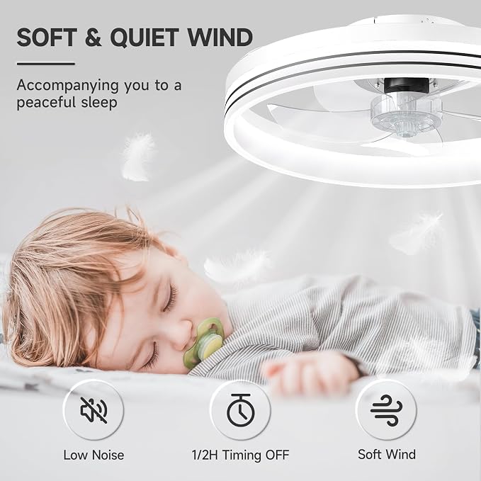 VOLISUN Low Profile Ceiling Fans with Lights and Remote, No Assembly, 19.7in Flush Mount Ceiling Fan with Light, 3000K-6500K Dimmable Fandelier LED Fan Light, White Bladeless Ceiling Fans for Bedroom
