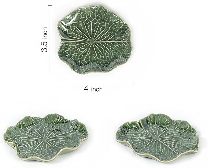 Tiny 4" Green Lotus Leaf Shaped Tray - Handmade Ceramic Porcelain Decorative Plate Dish Catchall Miniature Container for Jewelry Personal Items Incense Holders Trays Décor Gifts