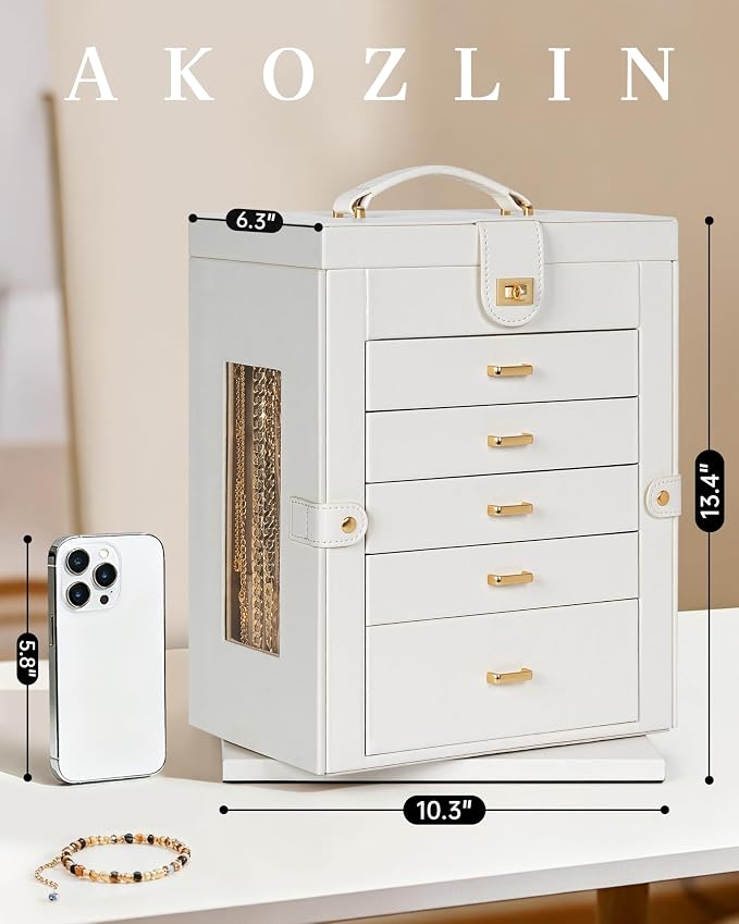 AKOZLIN 6-Tier Jewelry Box Organizer Functional 5 Drawers Leather Jewelry Storage Case for Women Girls Ring Necklace Earring Bracelet Holder Organizer with Mirror XL White 360° Rotating