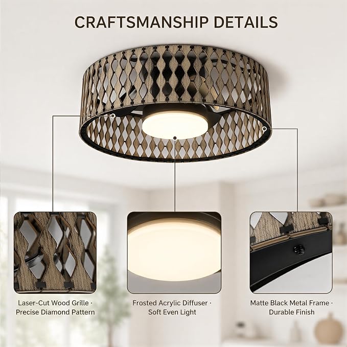 Low Profile Ceiling Fan With Lights,Ceiling Fans with Lights and Remote | Farmhouse fandelier with dimmable LED,Bobo Flush Mount Ceiling Fan for bedroom kitchen hallway dining room 20inch