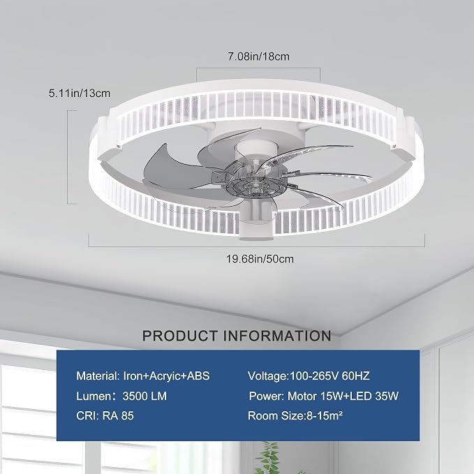 Garwarm Ceiling Fans with Lights，20IN Ultra Low Profile Ceiling Fan with Light and Remote, Dimmable 3000K–6000K LED Fandelier Flush Mount, DC Motor, for Bedroom, Kitchen, Office