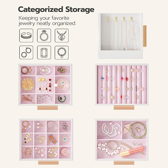 HOOBRO Jewelry Box for Women, Wooden Jewelry Organizer with Transparent Window, 4-Layer Jewelry Organizer Box, Jewelry Holder Organizer for Earrings, Necklaces, Rings, White and Gold WD09JB04