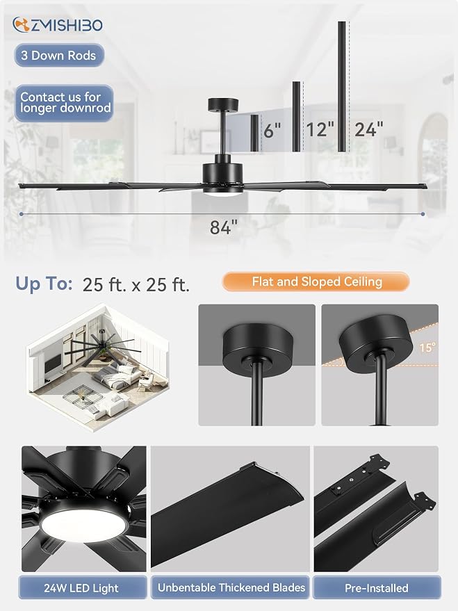 ZMISHIBO 84" Industrial Ceiling Fans with Lights, Large Ceiling Fan with 3CCT, 8 Reverisble Aluminum Blades, Quiet DC Motor, 6-Speed Remote, Indoor/Outdoor Ceiling Fans for Patios/Garage/Porch, Black