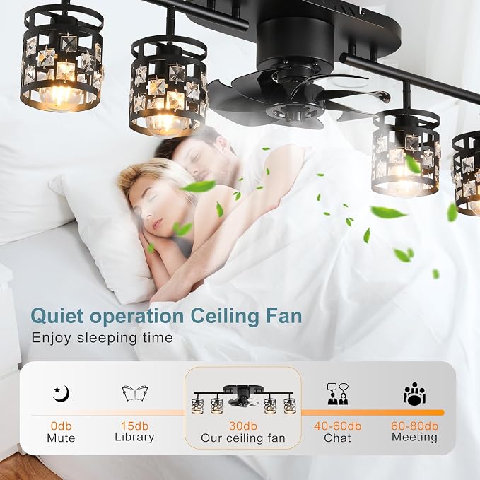 Garwarm Ceiling Fans with Lights and Remote,39.3" Kitchen Ceiling Fan,360° Rotatable Lampheads Bladeless Black Fandelier Flush Mount Ceiling Fans for Bedroom Dining Room Living Room（6 Speed, Timing）