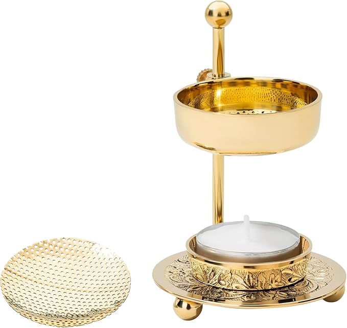 Handmade Gold Brass Incense Burner/Incense Censer with Sieve – Adjustable Height 4.33 Inch Adjustable Incense Heater for Aromatherapy with Tea Light Included (Gold Brass)
