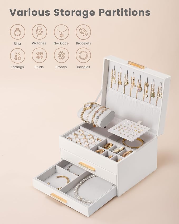 Lolalet 3-Layer Jewelry Box Organizer Holder for Women Girls Mom -Beige | Jewelry Storage Case with Drawers for Necklaces Ring Earrings Bracelet Watch, Gifts Choice for Mom Mother’s Day