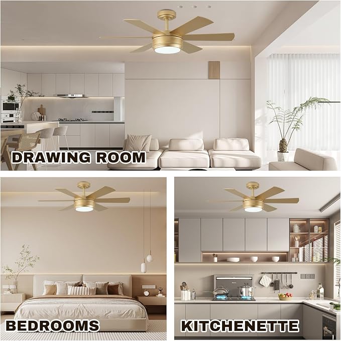 SHOWDI Gold Ceiling Fans with Lights and Remote, Easy Installation, 42 in | 2 Blade Color, Metal Material, App Remote Control, Timer, Reversible, 3CCT, Dimmable for Bedroom, Living room, Indoor