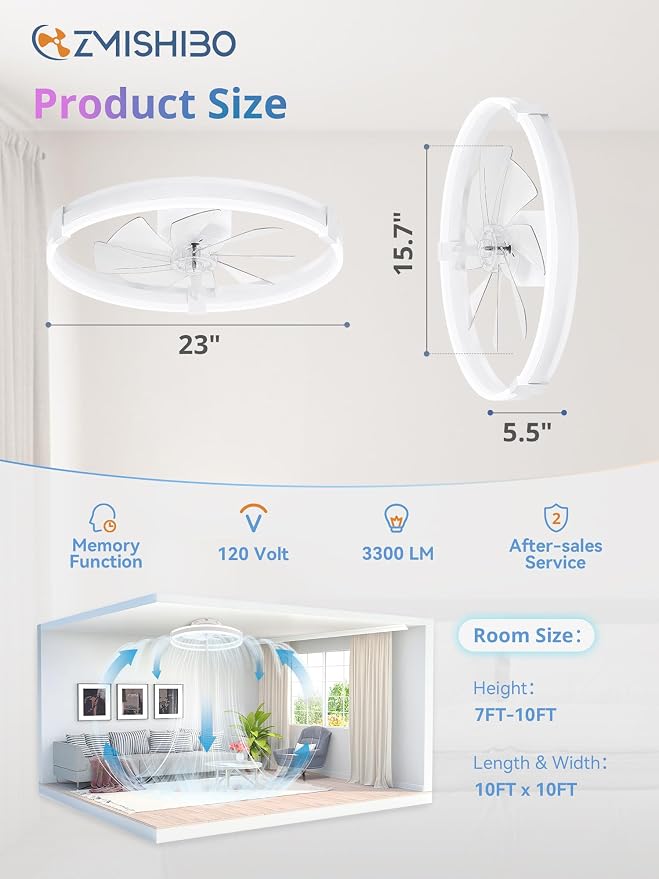 ZMISHIBO RGB Ceiling Fans with Lights and Remote, 23 inch Low Profile Ceiling Fan with Light, 3000K-6000K Dimmable & RGB, Modern Fandelier Flush Mount Ceiling Fan, Small LED Fan for Bedroom