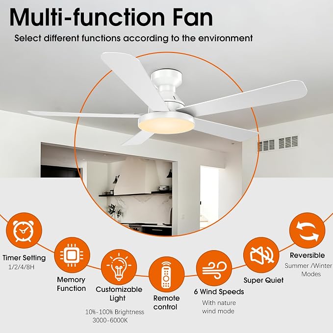 Ceiling Fans with Lights, 52 inch Flush Mount Ceiling Fan with Light, Remote/App Control, Low Profile Modern Ceiling Fan for Bedroom, Indoor/Outdoor (White)