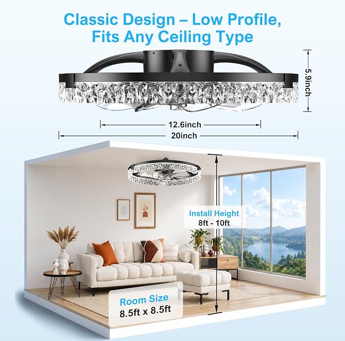 Crystal Ceiling Fans with Lights and Remote, 20'' Low Profile Ceiling Fan, 1-6 Wind Speeds, 3000-6500K Dimmable Flush Mount LED Fan Light, Modern Fandelier Ceiling Fans for Bedroom