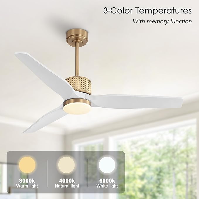 LEDLUX 52" Ceiling Fan with Light – Remote Control, Solid Wood, Quiet Reversible DC Motor, White/Gold Finish, Includes 4.5"/12" Downrods, Noiseless Ceiling Fan for Bedroom, Living Room, Porch