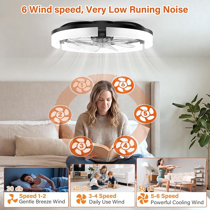 Ceiling Fans with Lights and Remote, 20'' Low Profile Ceiling Fan with APP Control, 3000K-6500K Dimmable, Quiet Reversible DC, Modern Flush Mount Fandelier for Bedroom (Black-Frosted)