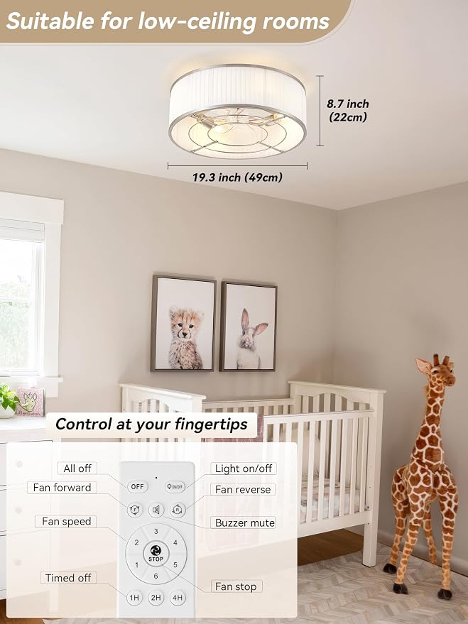 Boho Ceiling Fan with Light Flush Mount, 20" Caged Ceiling Fan with Light Remote Control Silver, Low Profile Ceiling Fans Bladeless Chrome 6 Speeds for Bedroom, Living Room, Nursery