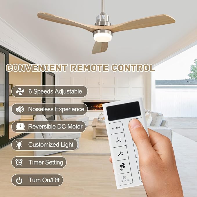 Sofucor 52 Inch Smart Ceiling Fan with Light, Indoor/Outdoor Ceiling Fans with Lights and Remote, Work with Alexa/Google, Quiet DC Motor, Solid Wood 3 Blade Ceiling Fans for Bedroom Living Room Patio