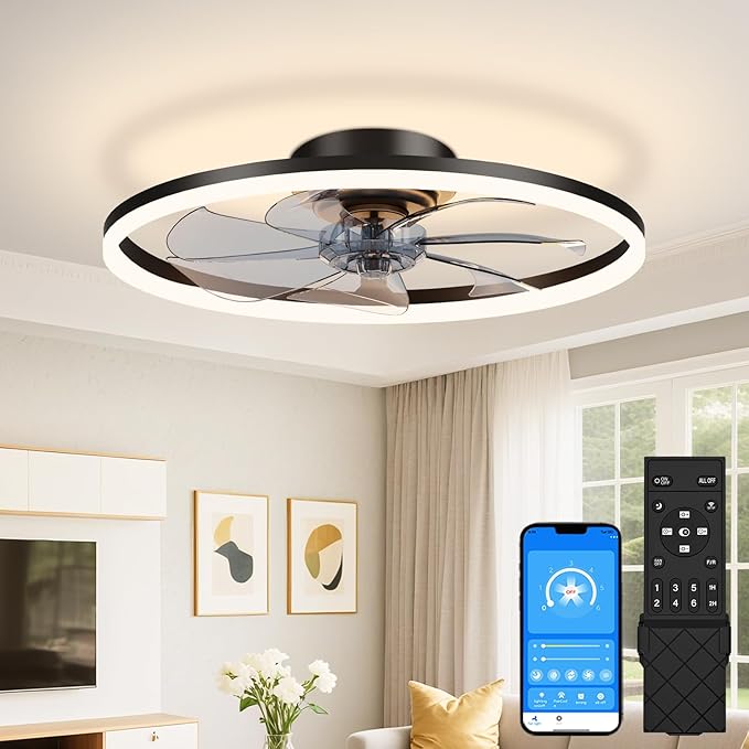 VOLISUN Low Profile Ceiling Fans with Light and Remote, No Assembly, 20in Fandelier Ceiling Fan with Lights, 3000K-6500K Dimmable Flush Mount LED Fan Light, Black Bladeless Ceiling Fans for Bedroom